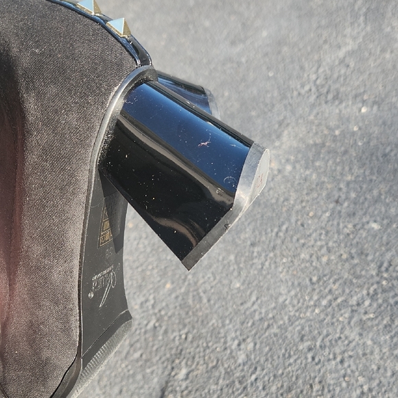 Black Suede Mid-Calf Heeled Boots with Gold Cap Toe and Stud Trim - Picture 10 of 16